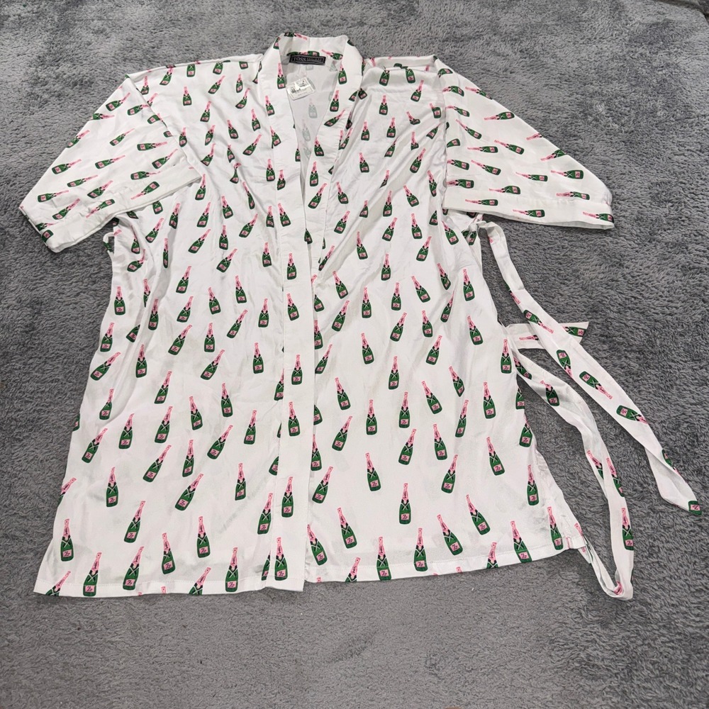 Toss Designs Women Champagne Bottle Print Robe OS White Satin Short Sleeve NWT